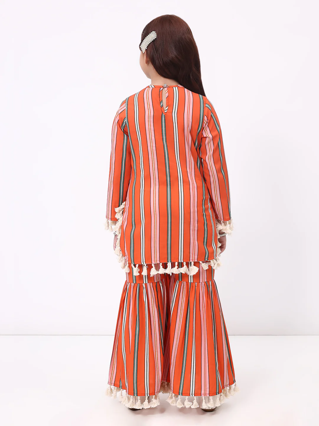 Girls Orange Stripe Ethnic kurti and sharara Set - Image 4