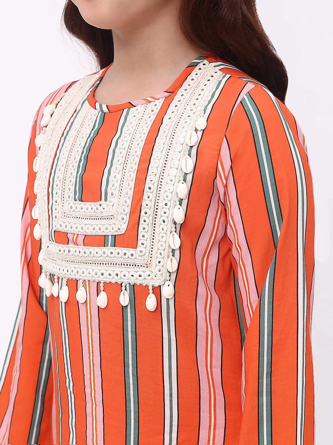 Girls Orange Stripe Ethnic kurti and sharara Set - Image 5
