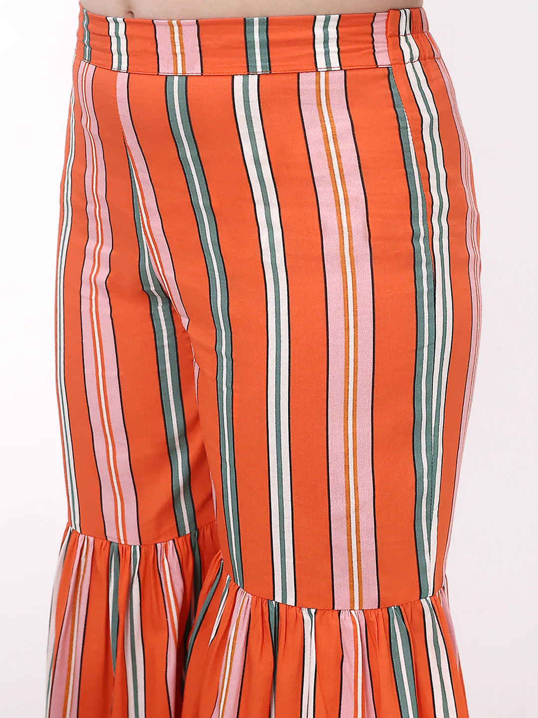 Girls Orange Stripe Ethnic kurti and sharara Set - Image 6