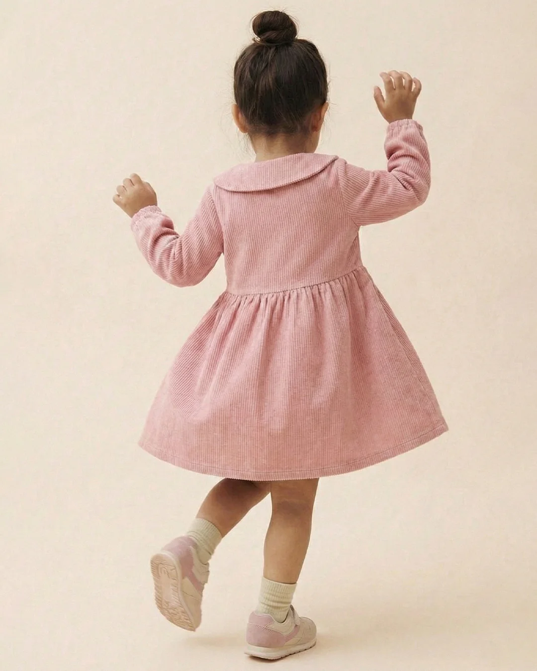 Girls Peach Collar Neck Corduroy Rib Solid Dress - Image 2