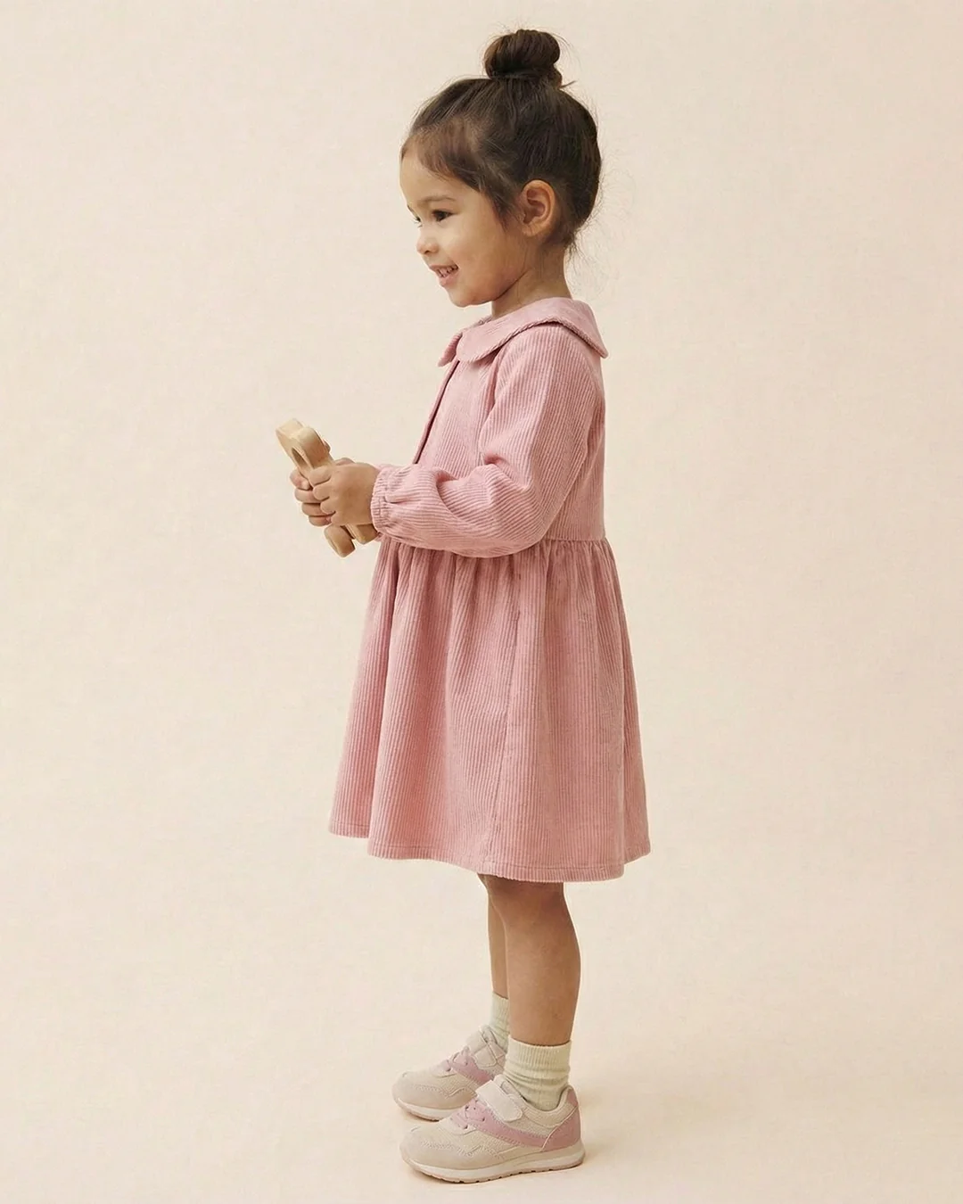 Girls Peach Collar Neck Corduroy Rib Solid Dress - Image 3