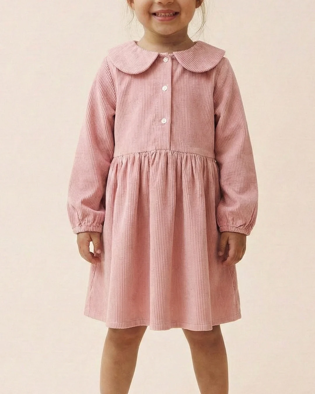 Girls Peach Collar Neck Corduroy Rib Solid Dress - Image 4