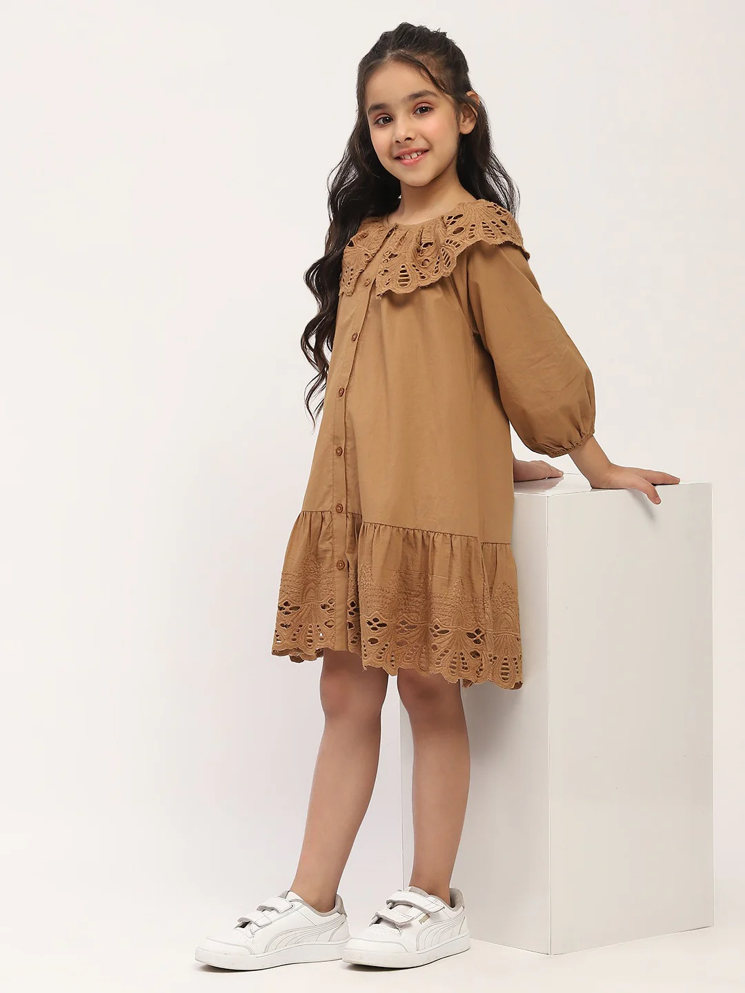 Brown Eyelet Lace Ruffle Dress-Girls. - Image 4