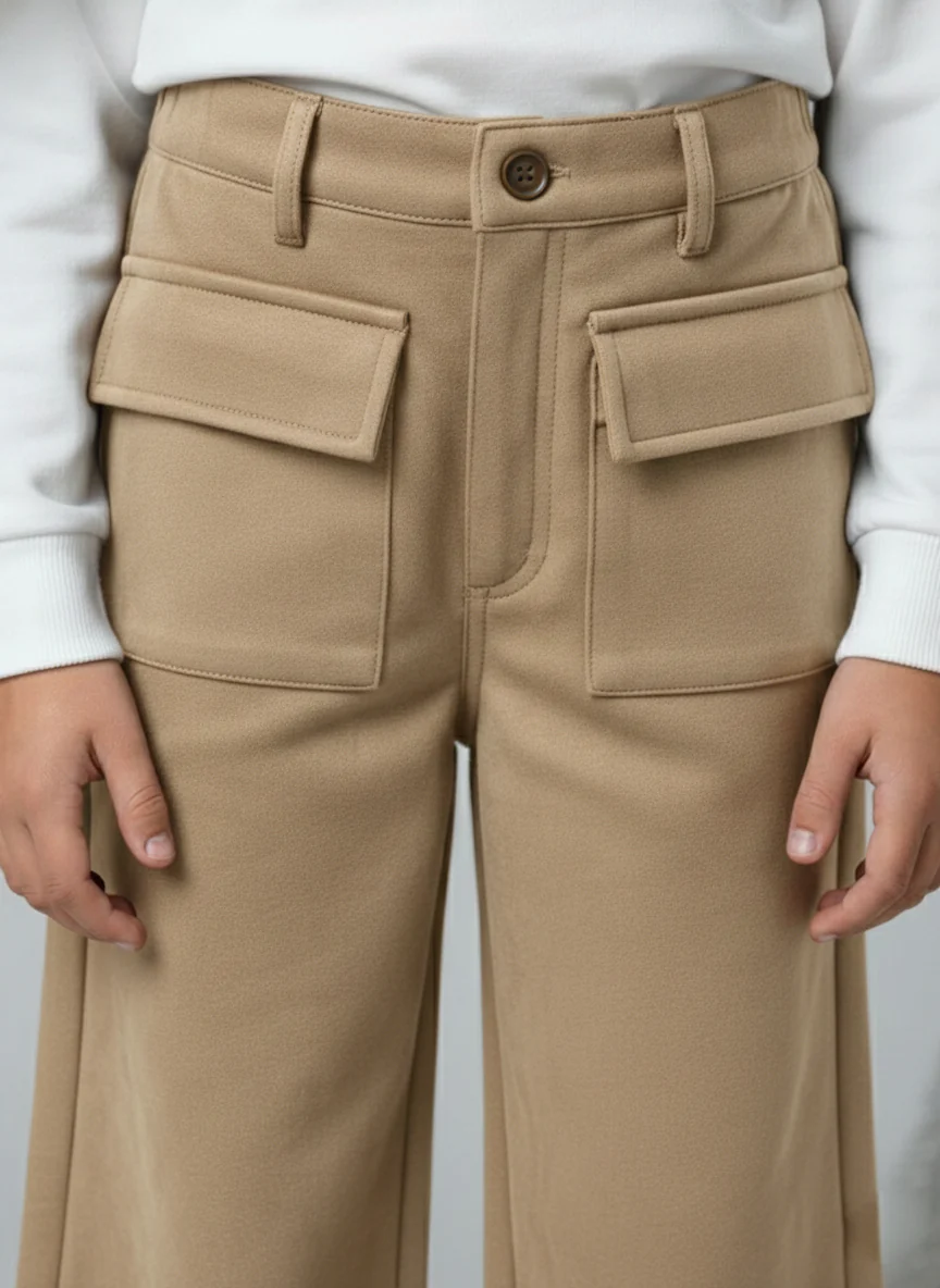 Girls Tan Suede Solid Wide-Leg Trousers - Image 2