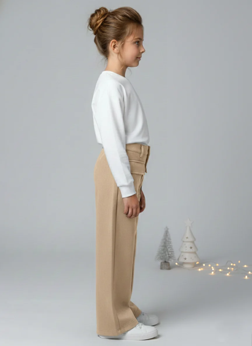 Girls Tan Suede Solid Wide-Leg Trousers - Image 3