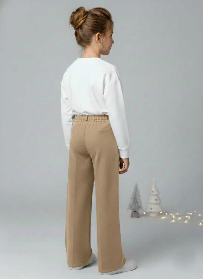 Girls Tan Suede Solid Wide-Leg Trousers - Image 4