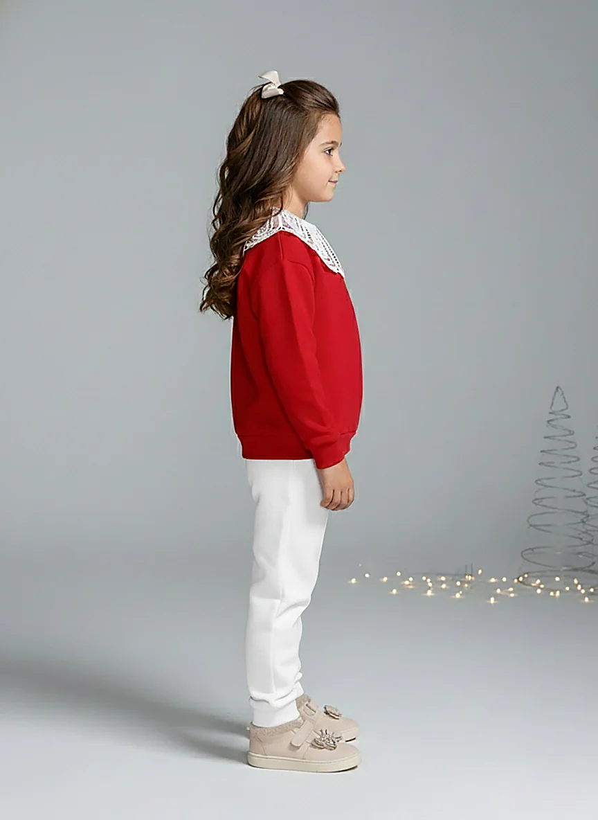 Girls' Red Lace Peter Pan Collar Sweatshirt - Image 3