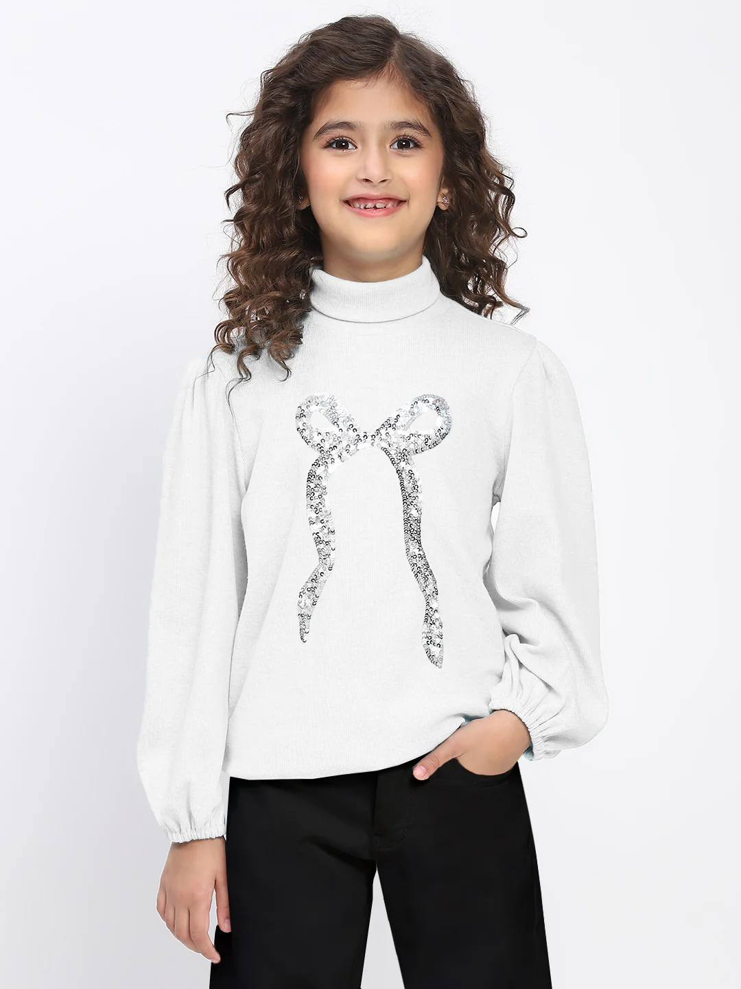 Girl's White Ribbed Puff Sleeve Sequin Bow Top