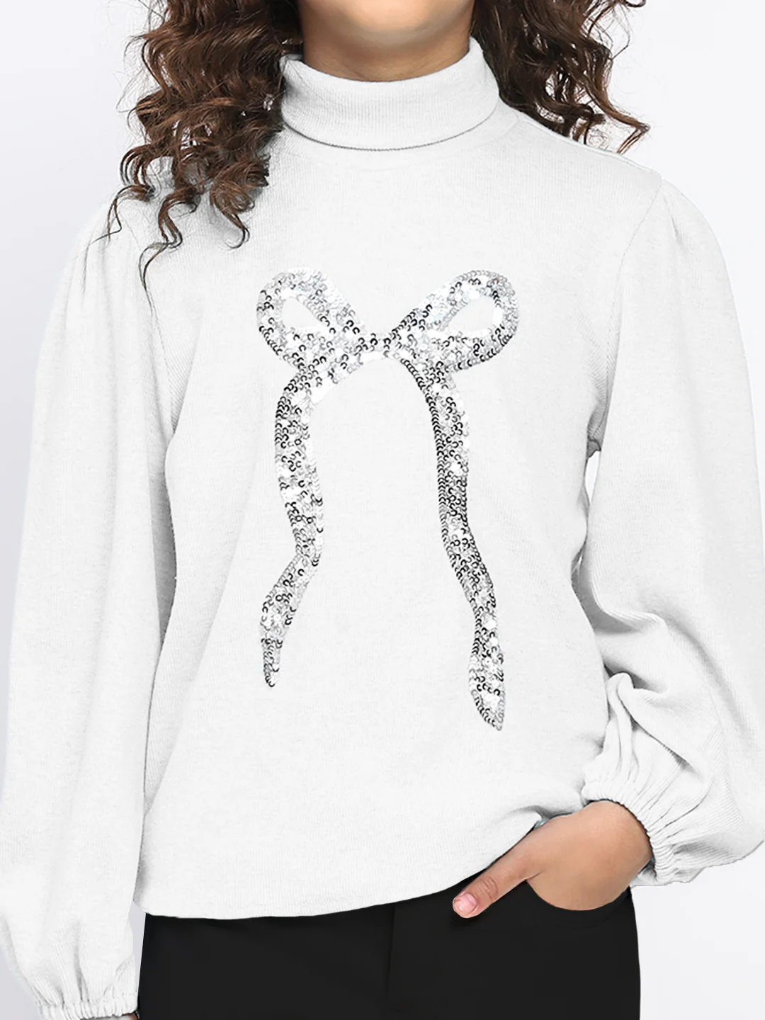 Girl's White Ribbed Puff Sleeve Sequin Bow Top - Image 2