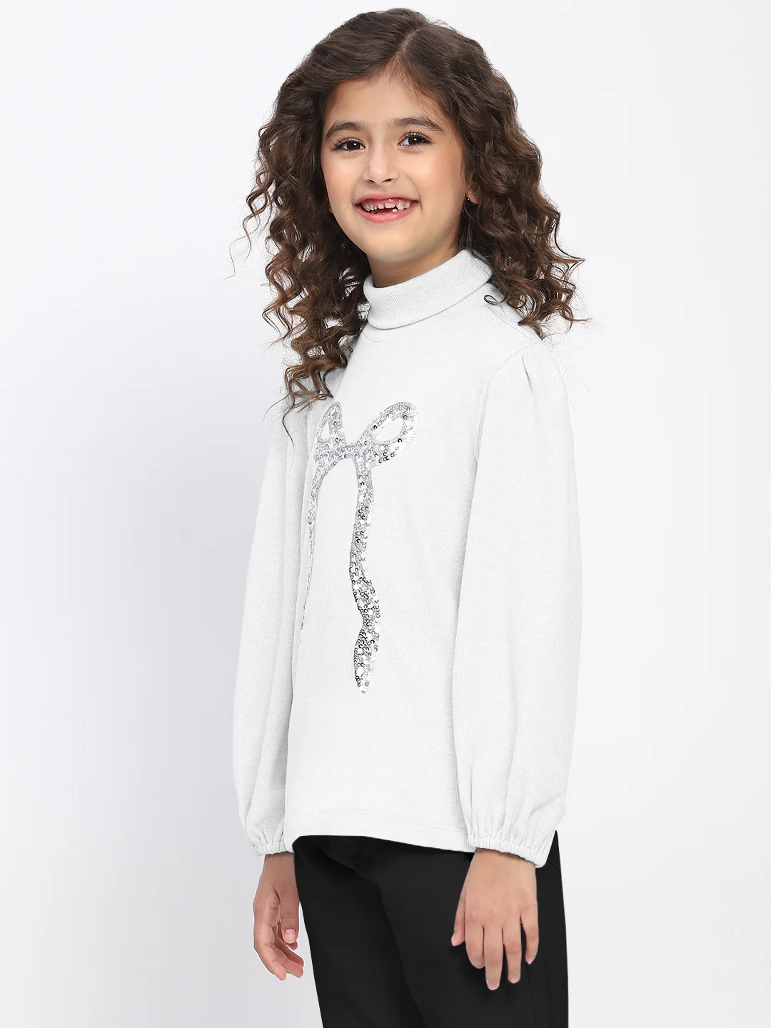 Girl's White Ribbed Puff Sleeve Sequin Bow Top - Image 3