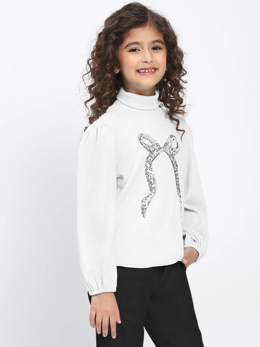 Girl's White Ribbed Puff Sleeve Sequin Bow Top - Image 4