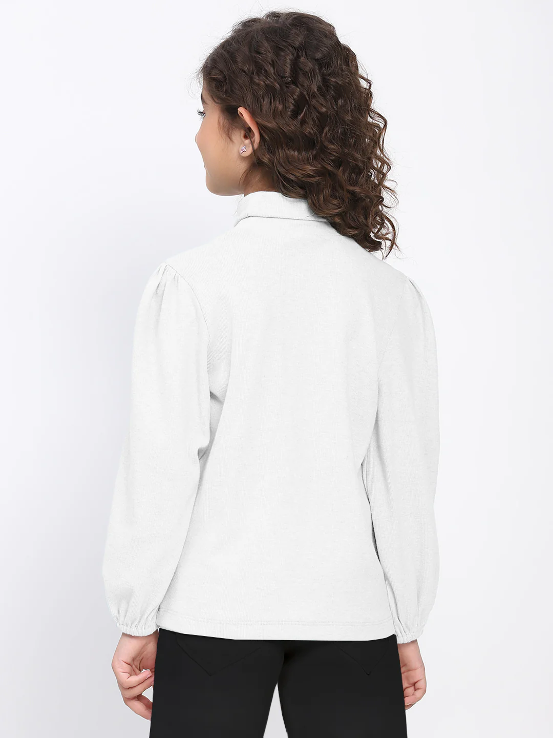 Girl's White Ribbed Puff Sleeve Sequin Bow Top - Image 5