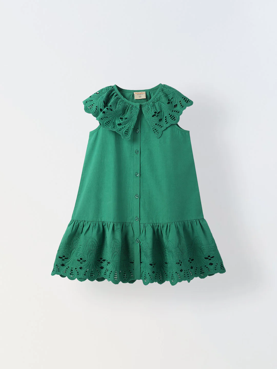 Green Cotton Round Neck Schiffli Dress For Girls