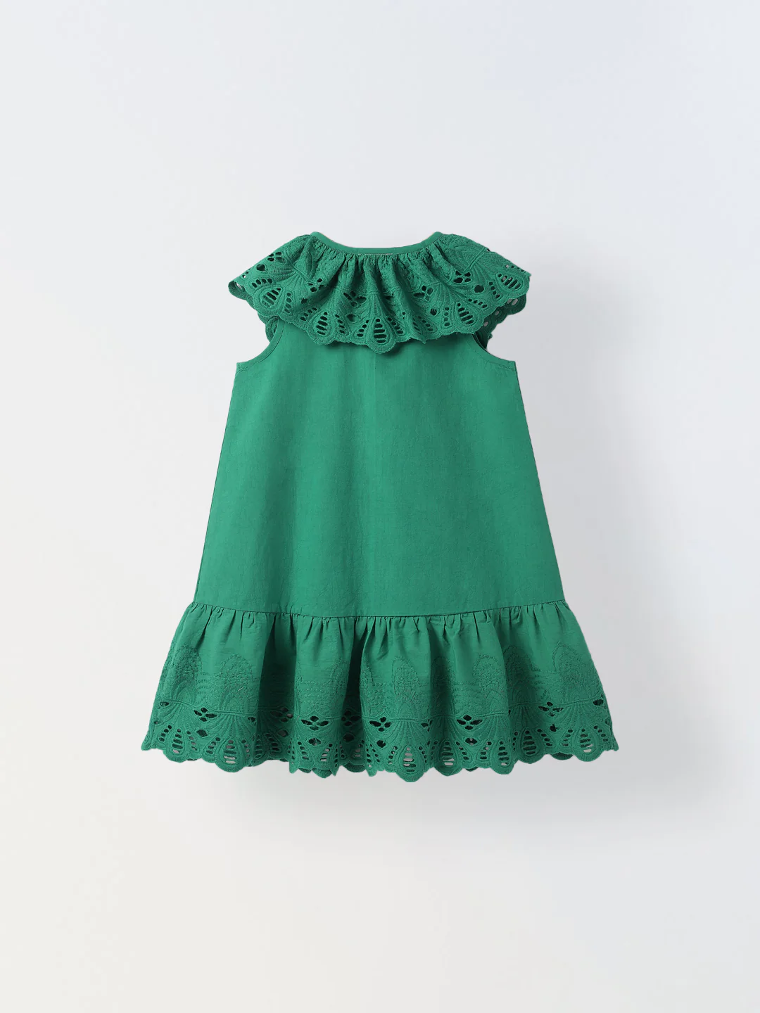 Green Cotton Round Neck Schiffli Dress For Girls - Image 2