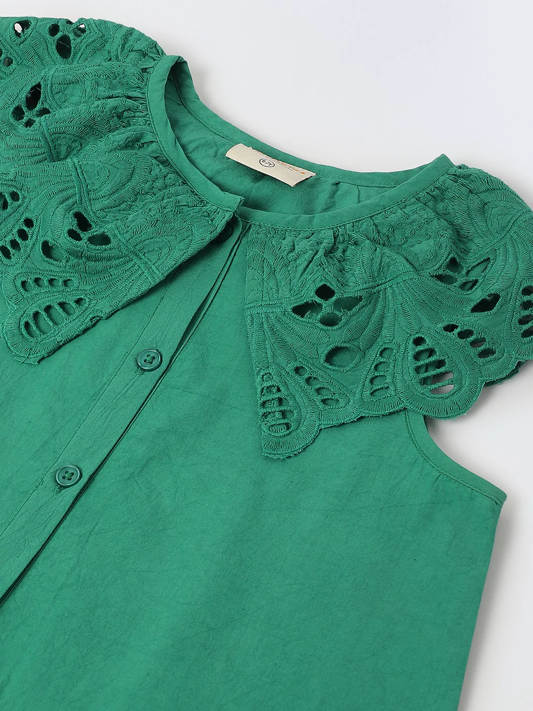 Green Cotton Round Neck Schiffli Dress For Girls - Image 3