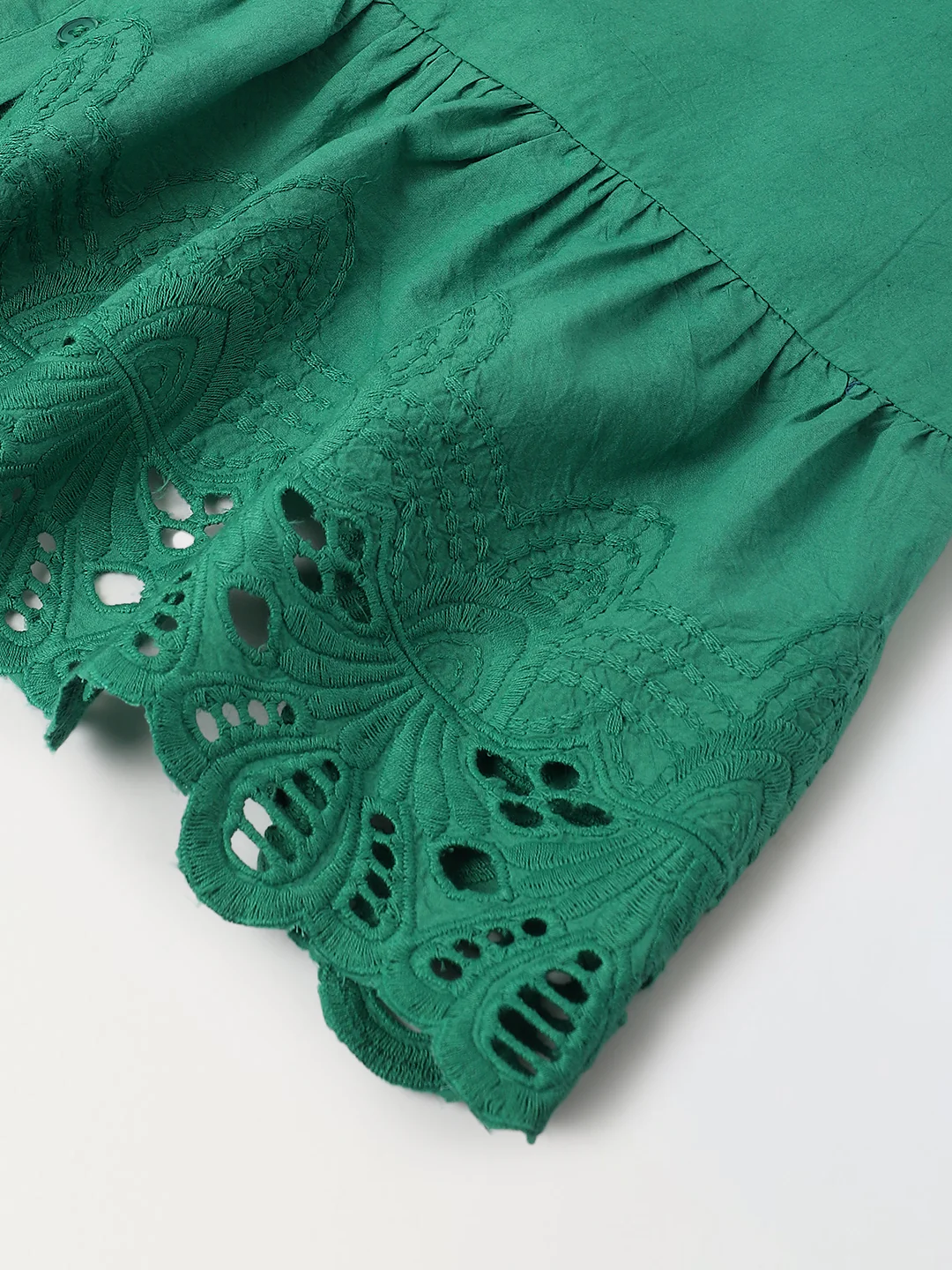 Green Cotton Round Neck Schiffli Dress For Girls - Image 4
