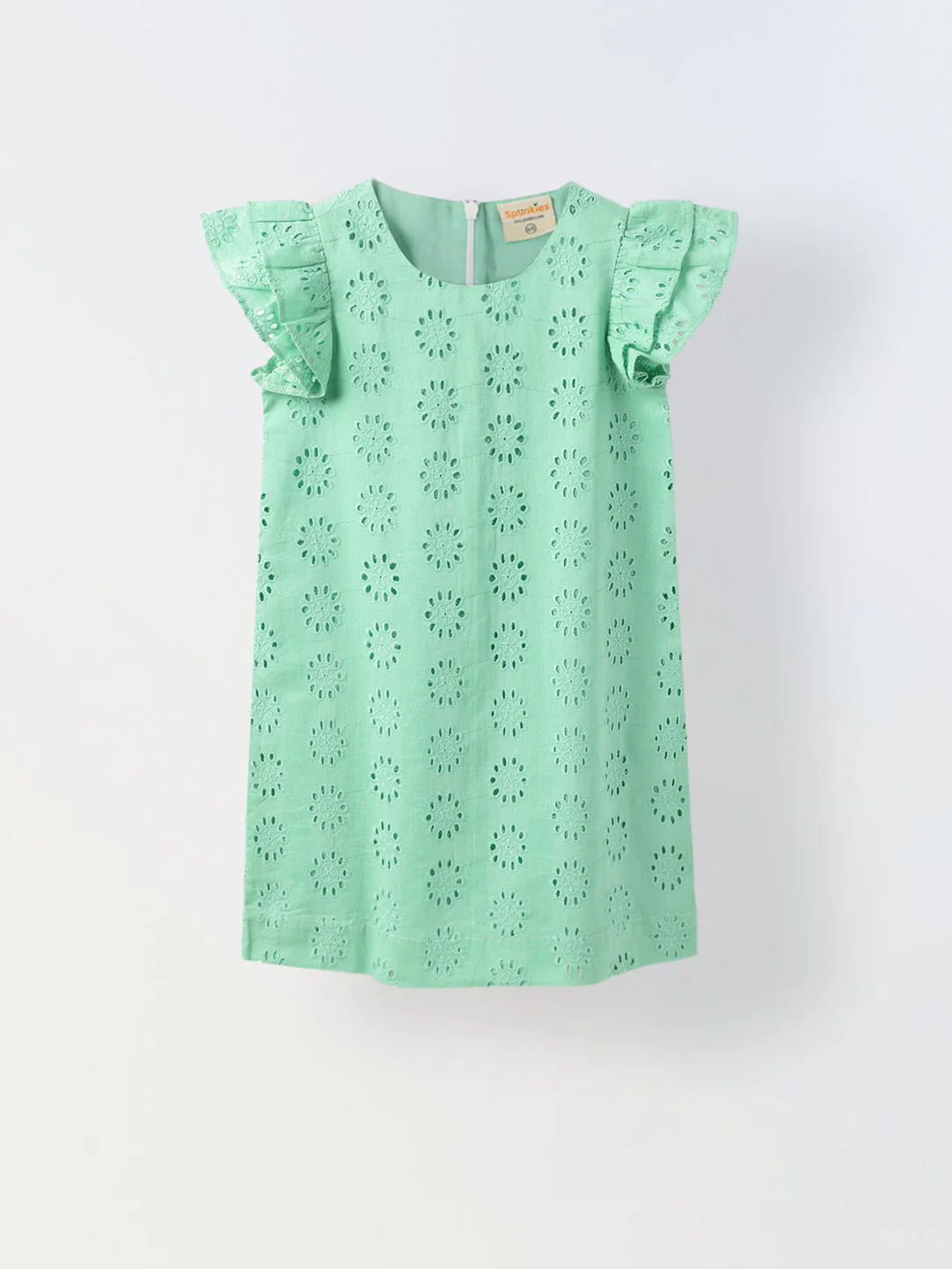 Green Cotton Schiffli Dress For Girls