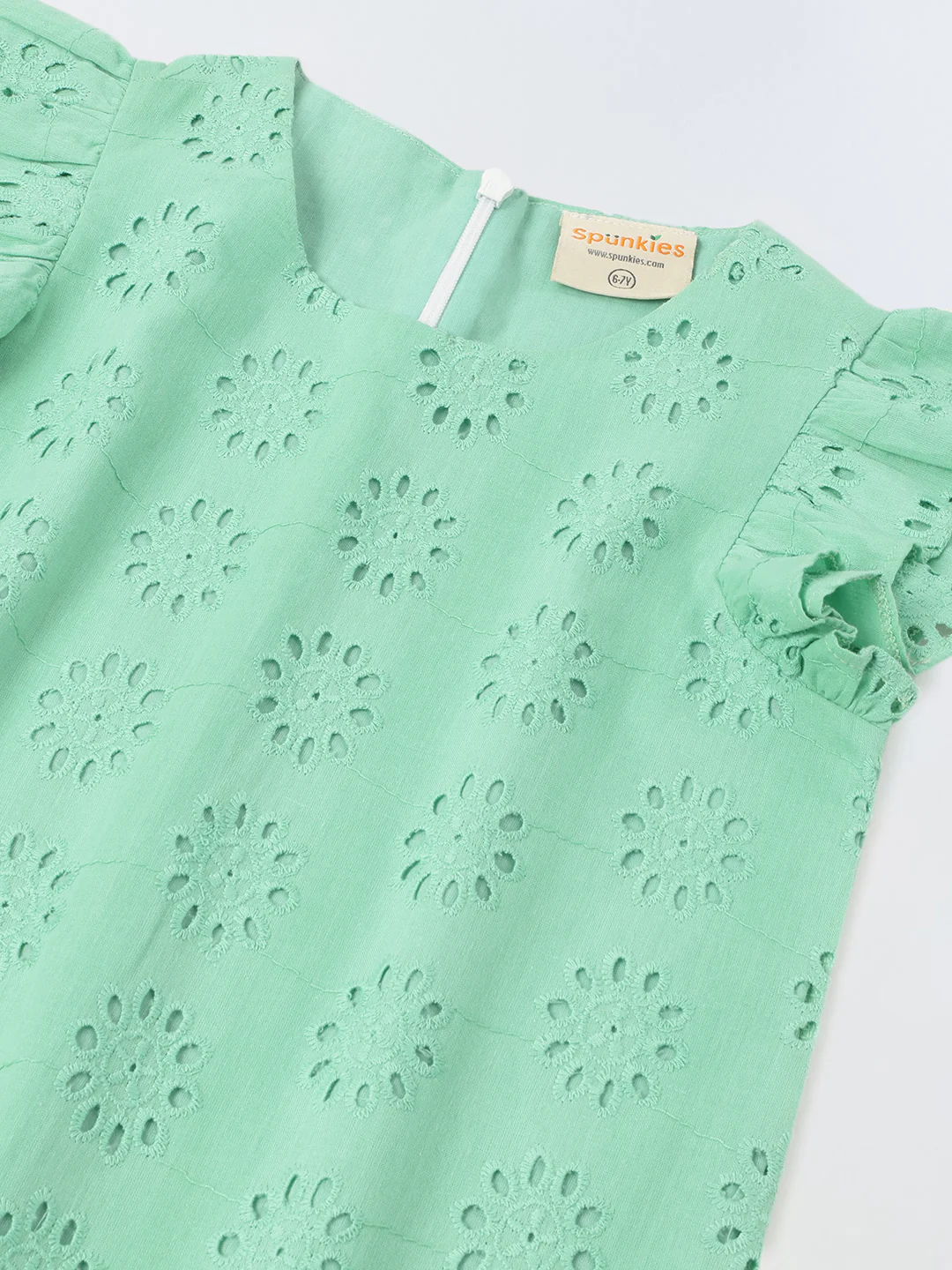 Green Cotton Schiffli Dress For Girls - Image 3