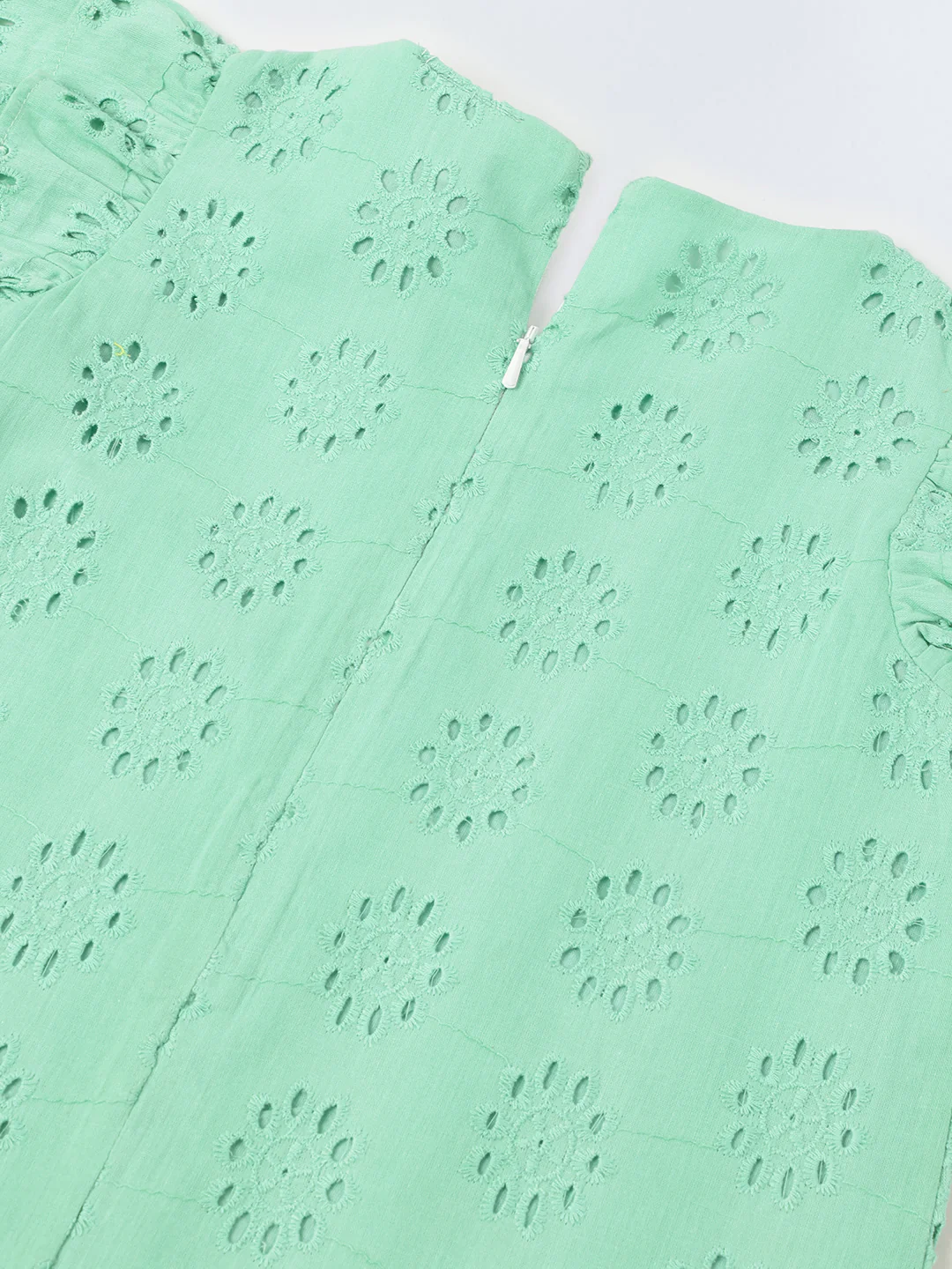 Green Cotton Schiffli Dress For Girls - Image 4