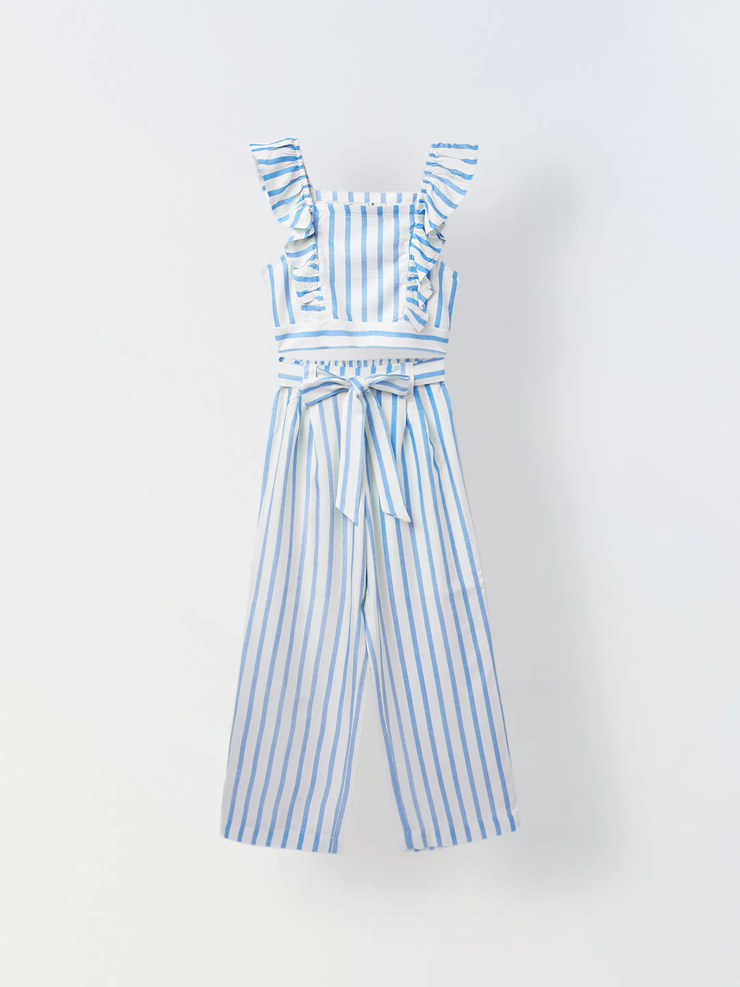 White/Blue Cotton Square Neck Stripe Co-Ord For Girls
