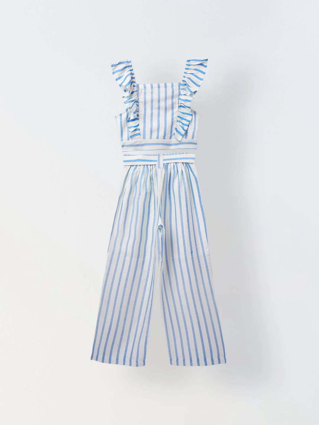 White/Blue Cotton Square Neck Stripe Co-Ord For Girls - Image 2