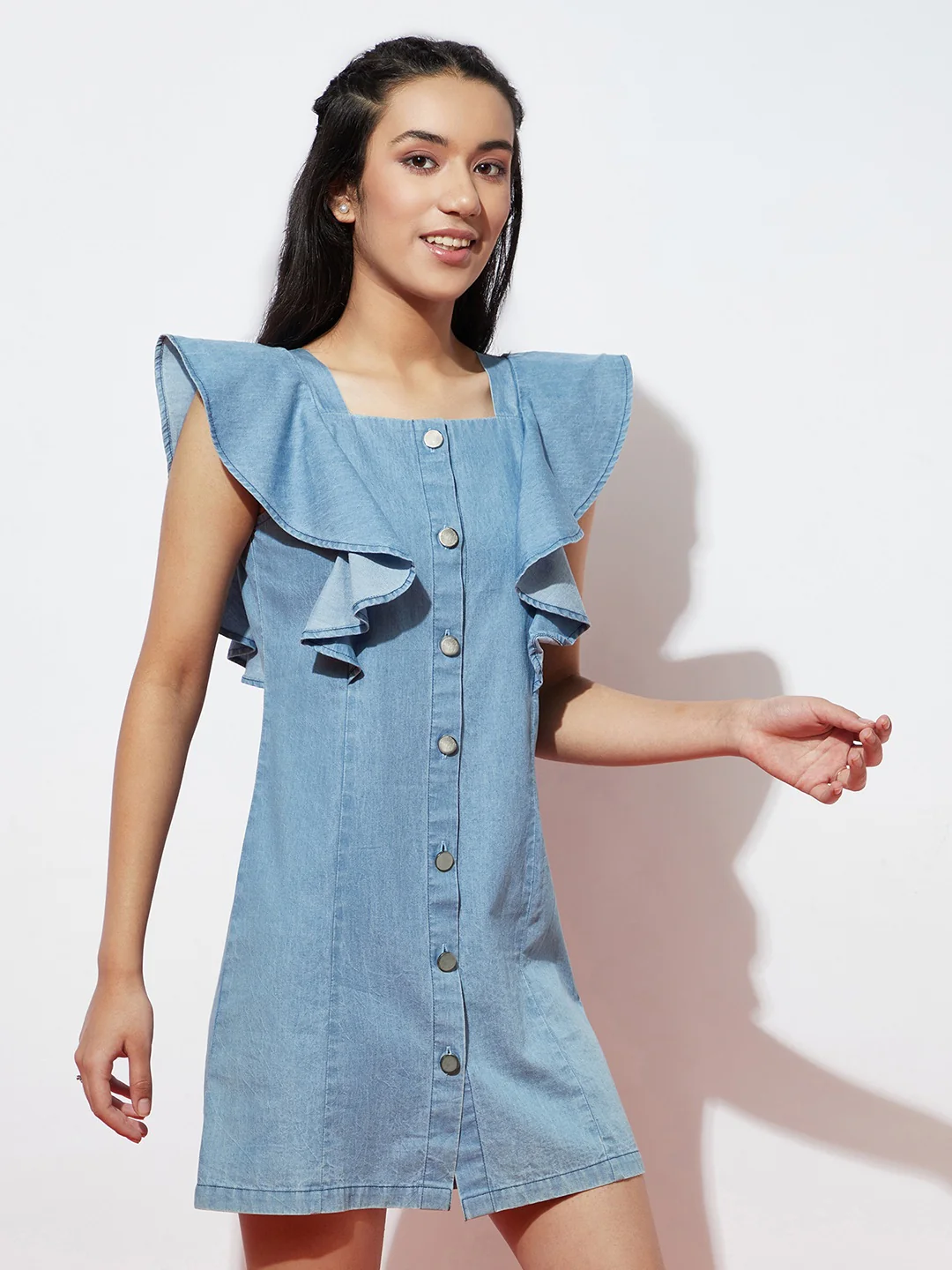 Denim Flutter Sleeve Dress - Image 3