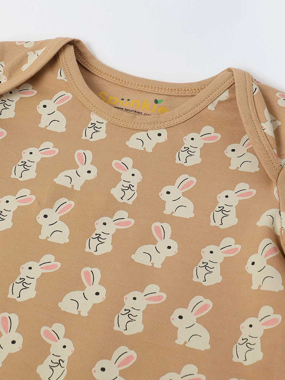 Infant Cotton Beige Full Sleeve Rabbite Print Romper - Image 3