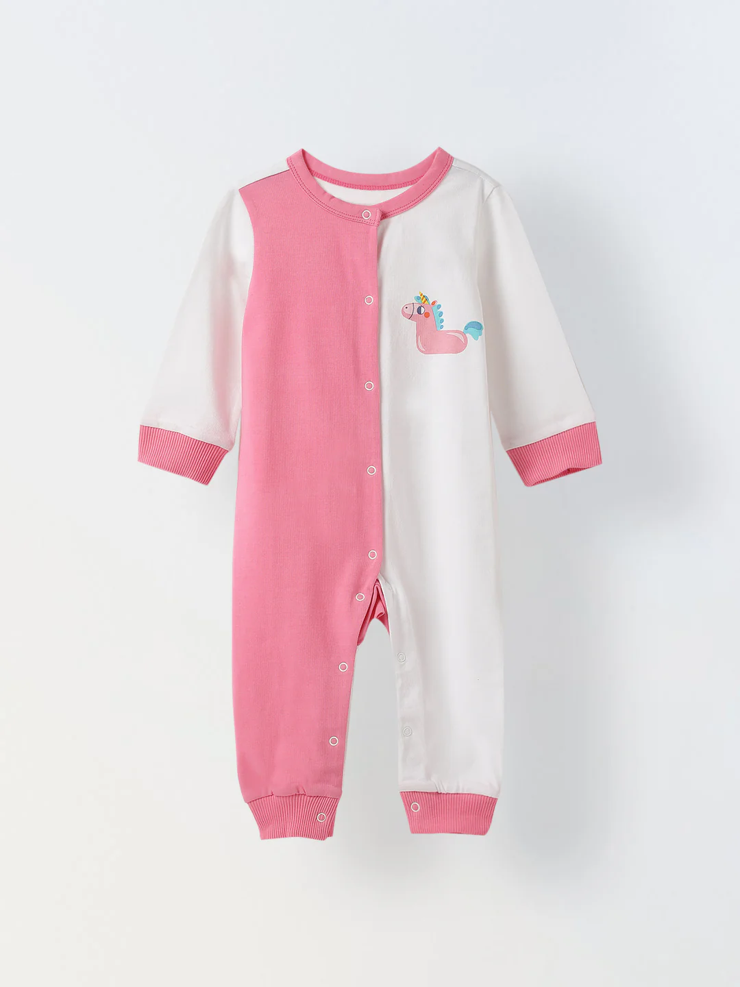 Infant Cotton White and Pink  Full Sleeve Printed Romper