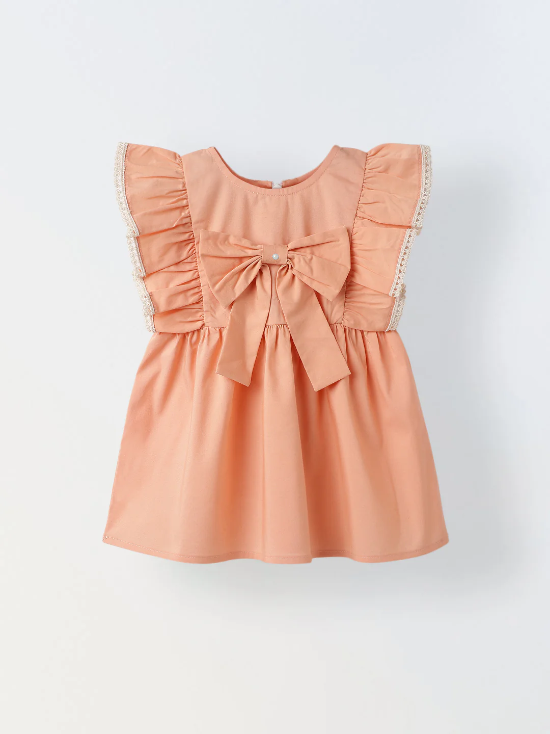 Infant Girls' Peach Ruffled Sleeve Cotton Dress