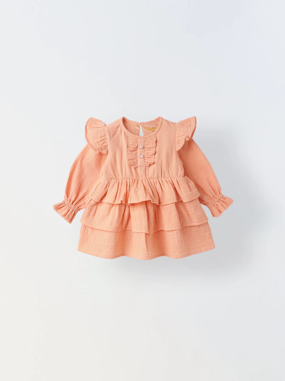 Infant Peach Cotton Round Neck Dress for Girls
