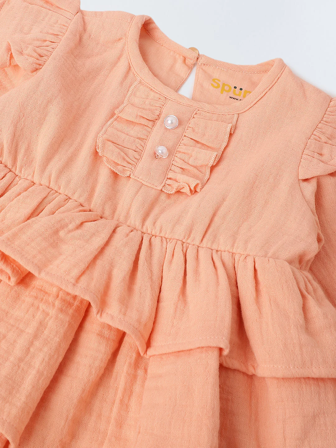 Infant Peach Cotton Round Neck Dress for Girls - Image 3