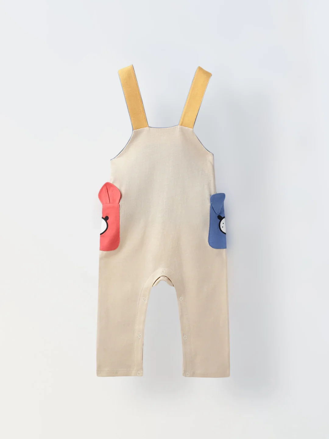 Infant Beige Cotton Romper with Cartoon Pockets Overalls