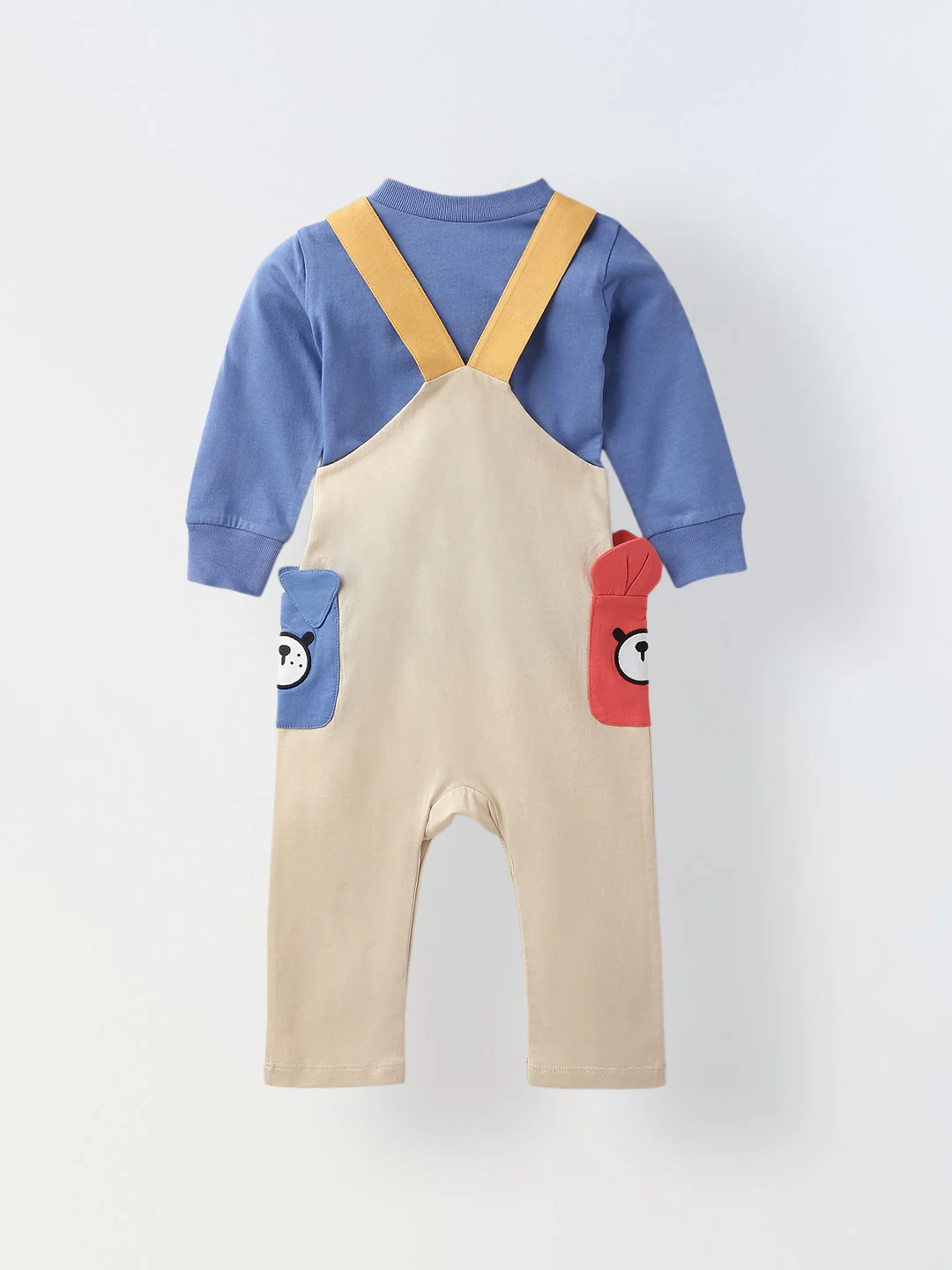 Infant Beige Cotton Romper with Cartoon Pockets Overalls - Image 2