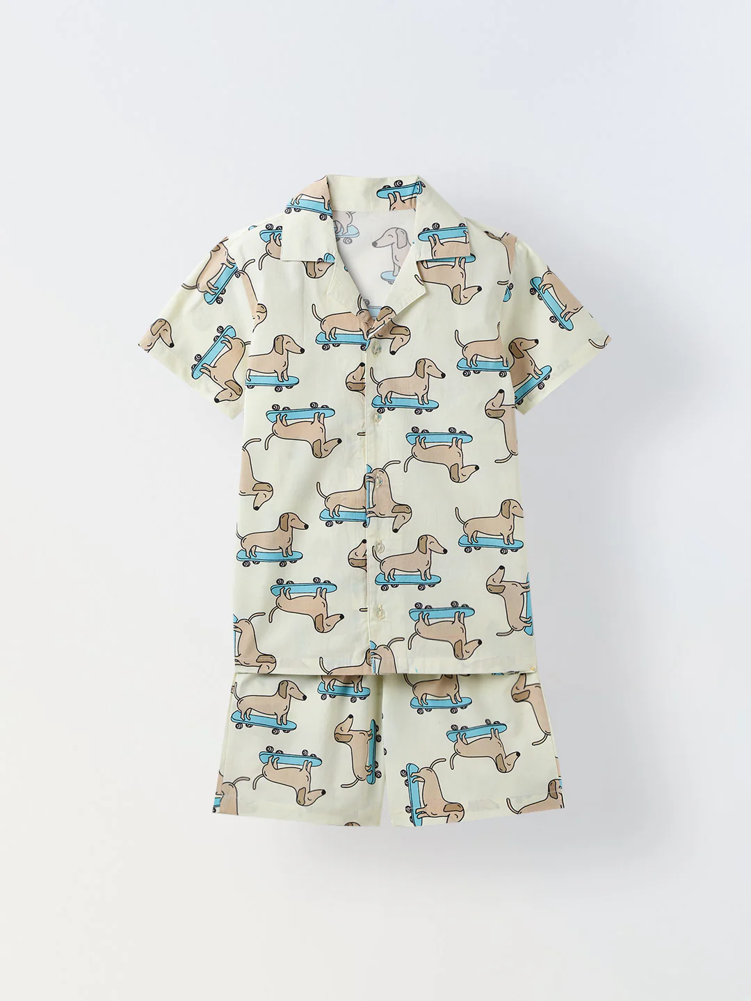 Off White Dachshund Print Cotton Co-Ord Set For Boy