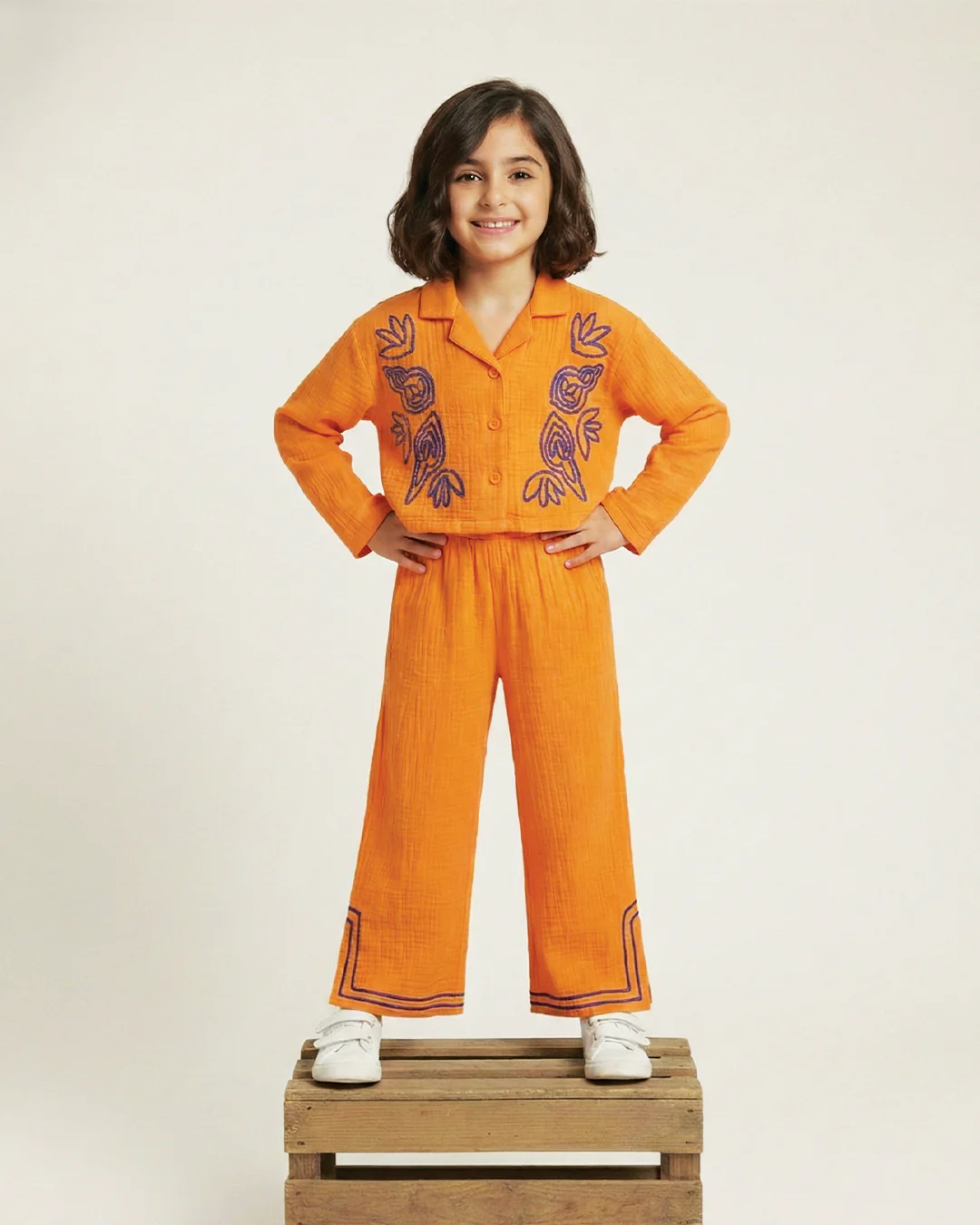 Orange Cotton Gauze Embroidered Set