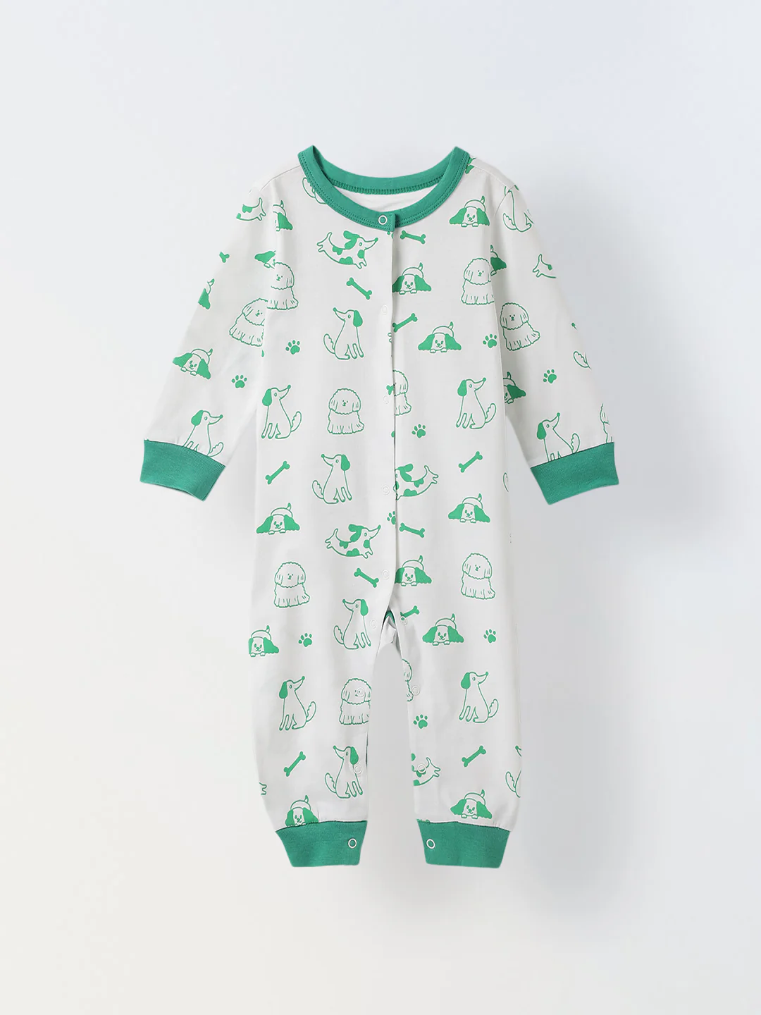 White & Green Cotton Jersey Romper with Dog's Print for Infants