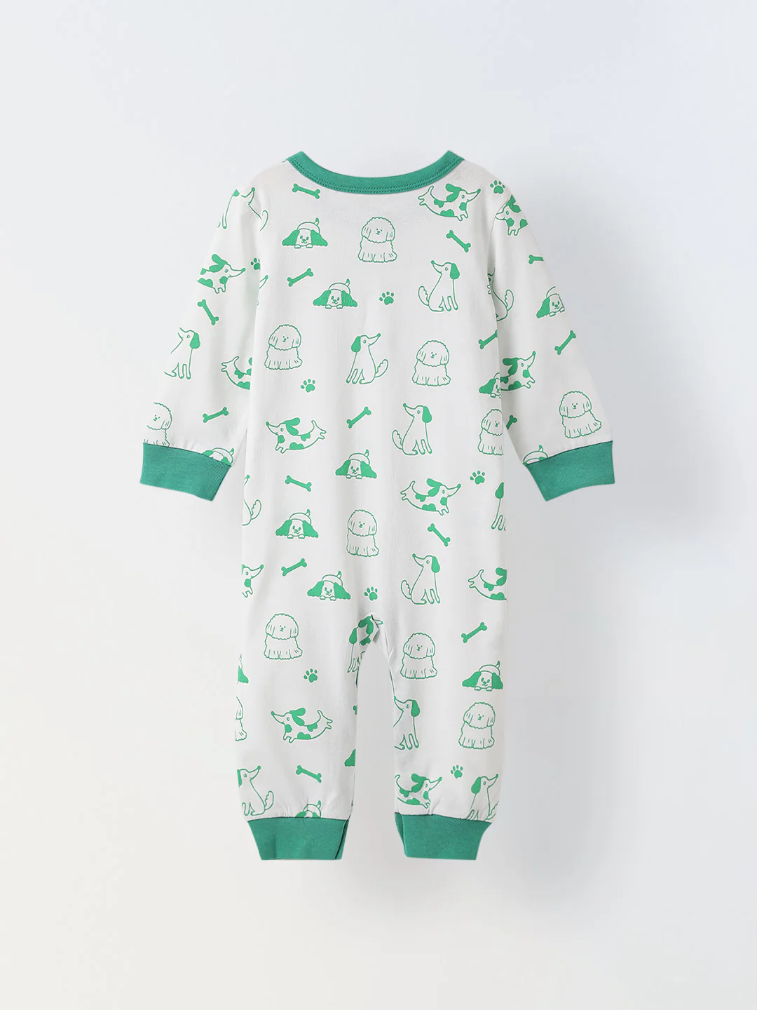 White & Green Cotton Jersey Romper with Dog's Print for Infants - Image 2