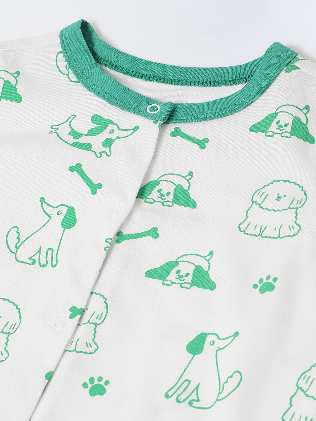 White & Green Cotton Jersey Romper with Dog's Print for Infants - Image 3