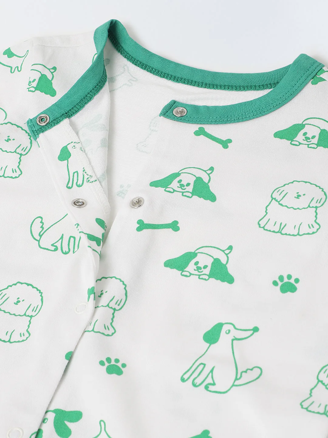 White & Green Cotton Jersey Romper with Dog's Print for Infants - Image 4