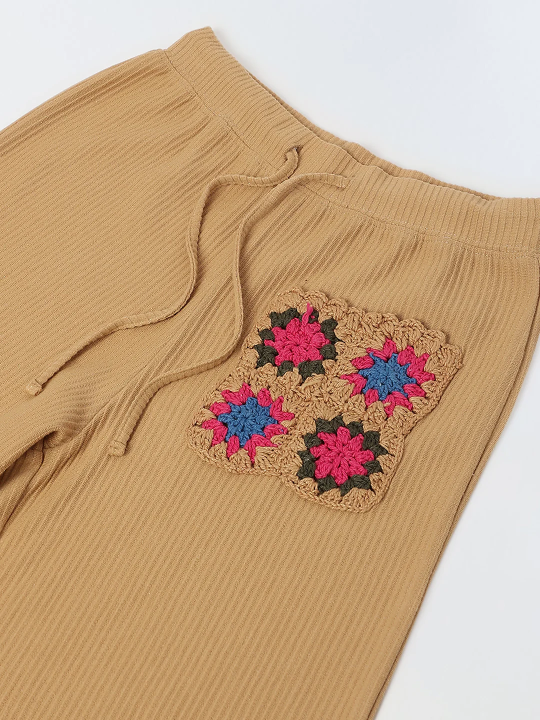 Brown Cotton Crochet Patch Lounge Pants – Girls - Image 3