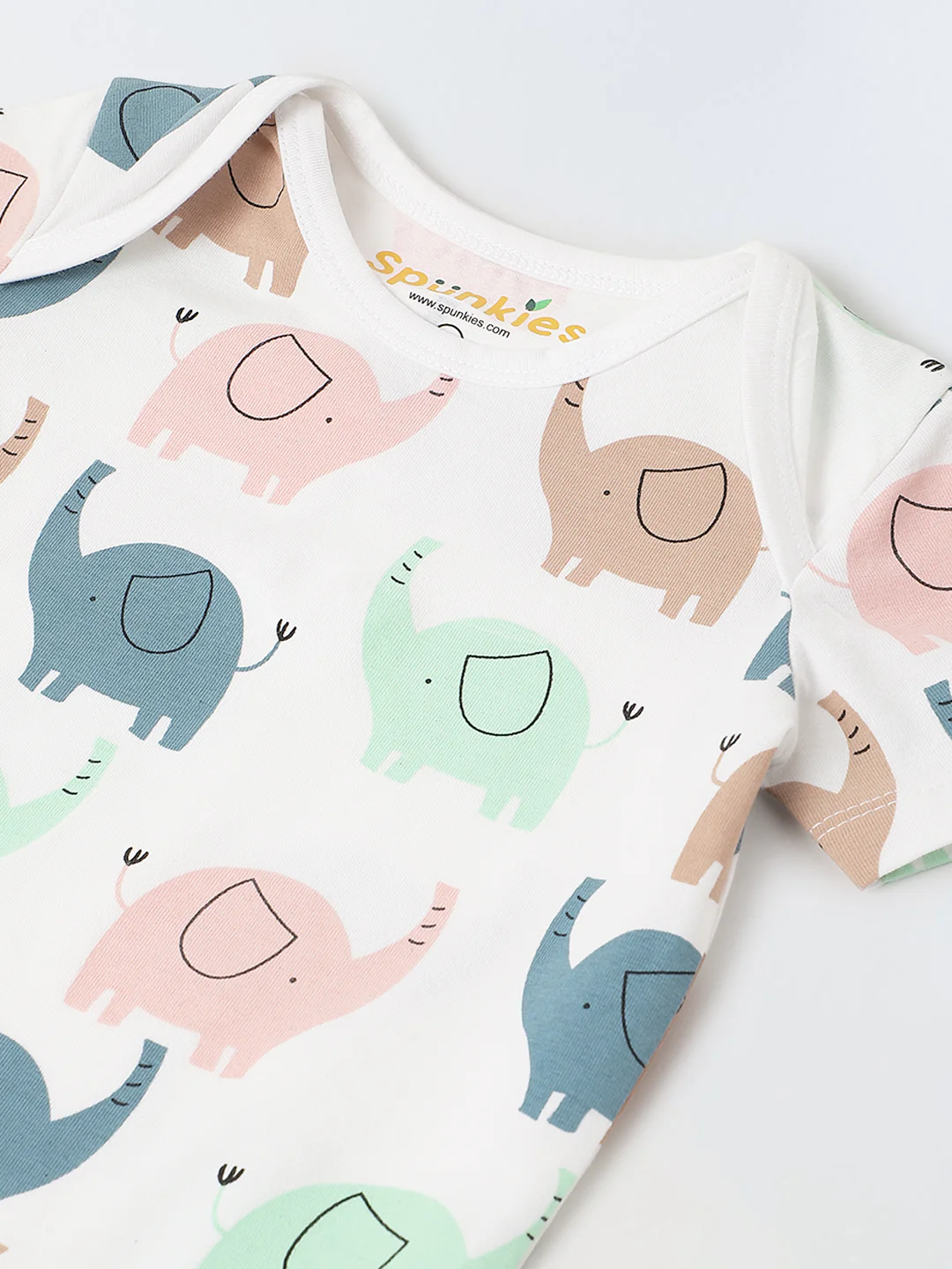White Cotton Jersey Romper With Multicolour Elephant Print for Infants - Image 3