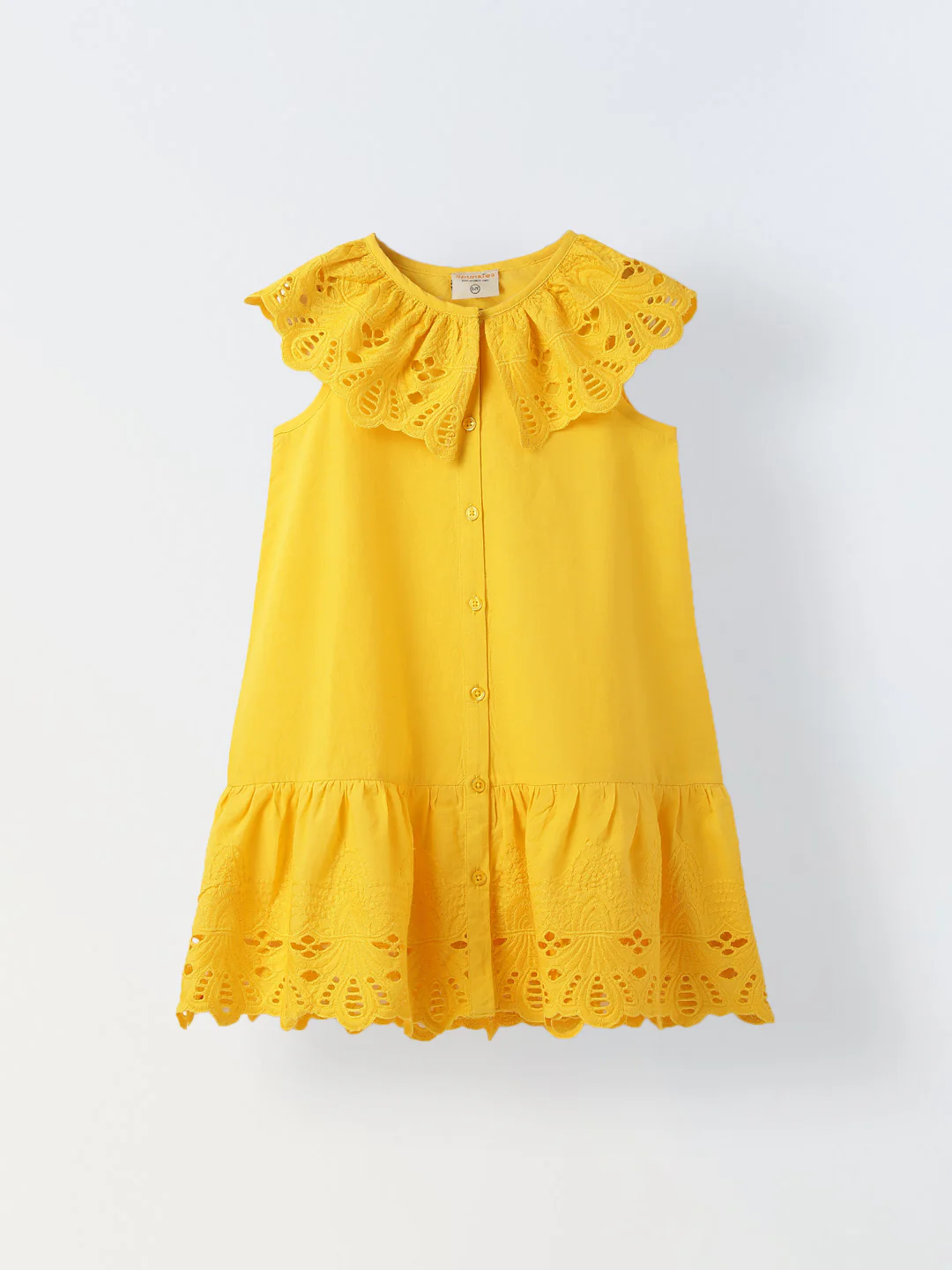 Yellow Cotton Round Neck Schiffli Dress For Girls