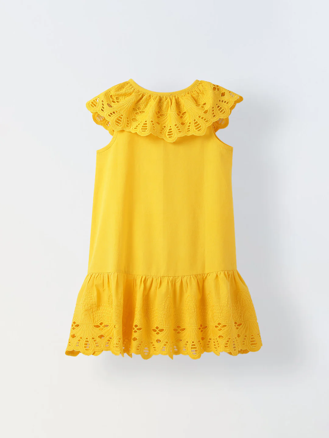Yellow Cotton Round Neck Schiffli Dress For Girls - Image 2