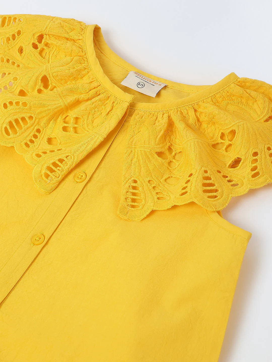 Yellow Cotton Round Neck Schiffli Dress For Girls - Image 3