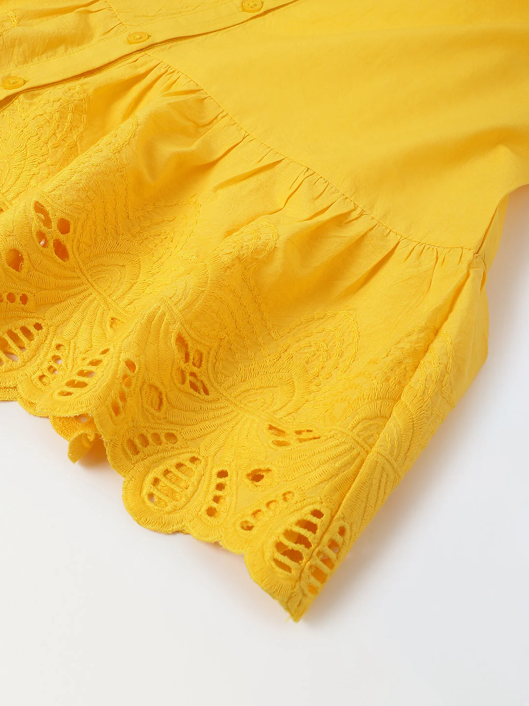 Yellow Cotton Round Neck Schiffli Dress For Girls - Image 4