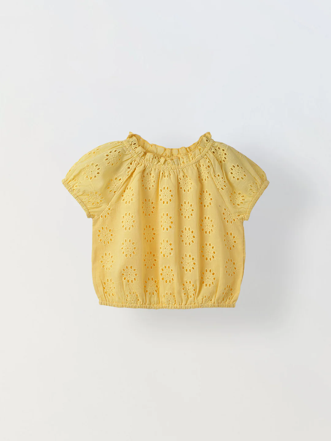 Yellow Round Neck Schiffli Top For Girls