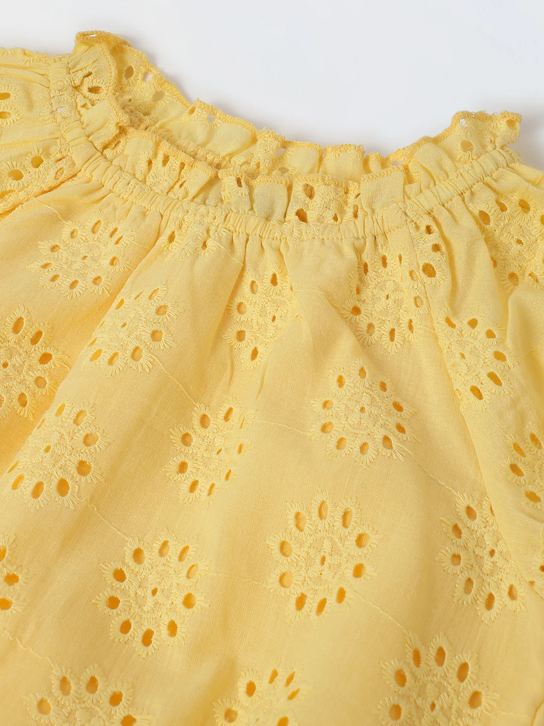 Yellow Round Neck Schiffli Top For Girls - Image 3